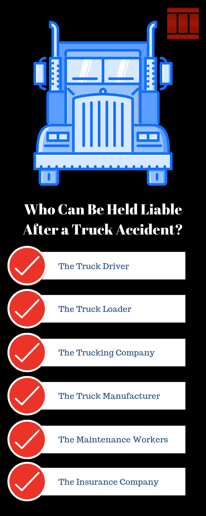 Infographic: Who Can Be Held Liable After a Truck Accident? The truck driver, the truck loader, the trucking company, the truck manufacturer, the maintenance workers, the insurance company